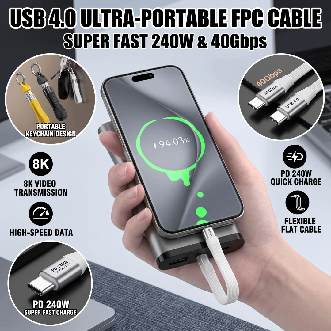 Portable Keychain 240W 40Gbps USB4 Ultra-Short Braided USB-C Cord Quick Sync 8K Video High-Speed Lightweight Durable Extender