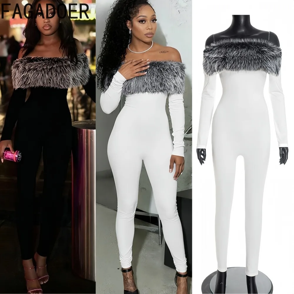 

FAGADOER Sexy Fur Patchwork Bodycon Jumpsuits for Woman Off Showlder Sleeveless Backless Rompers Female Streetwear Overalls New