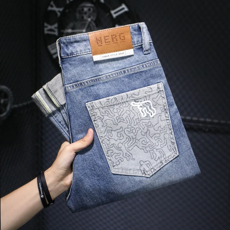 2024 NEW Personality Geometry Printed Jeans Men's Blue Trendy Korean Men's Stretch Soft Slim Straight Cropped Pants