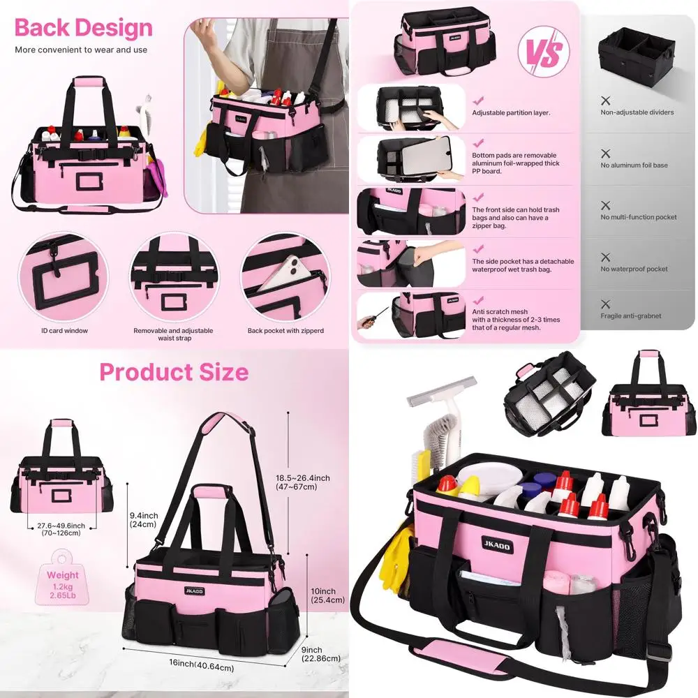 

Portable Waterproof Cleaning Bag with Adjustable Straps and Handles for Home, Car, and Office Use (Pink)