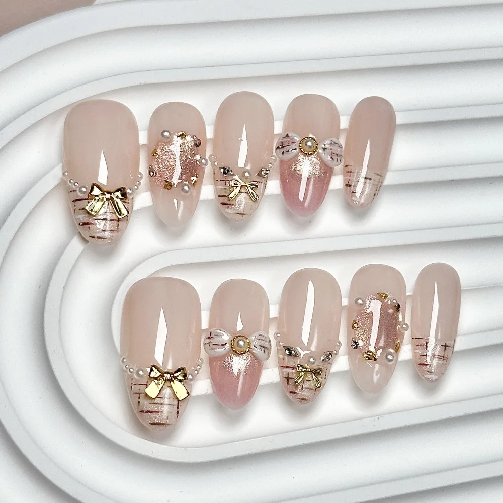 10 Pieces Gentle Elegant Luxurious Glittering Diamond Pearl Handmade Press On Nails Cat Eye French Bow Fake Nails Art