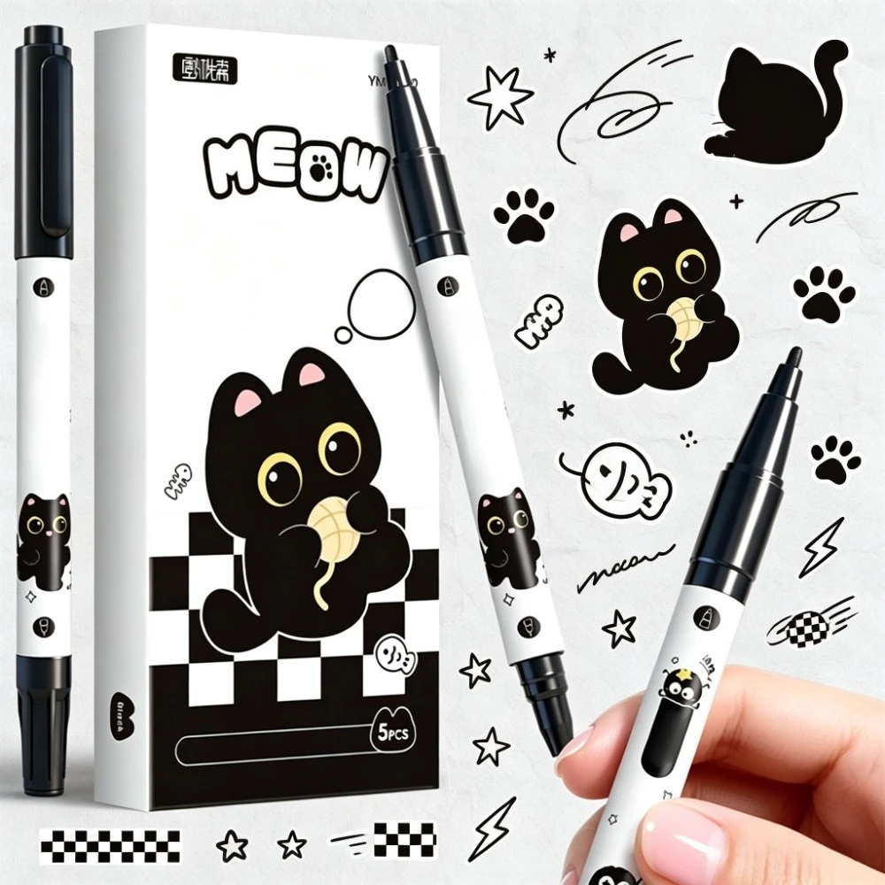 5pcs Cartoon Cat Dual-Ended Line Pens, Fine and Bold Tips, Fast-Drying, Waterproof, Ideal for Art, Anime, Sketching, Gift Boxed