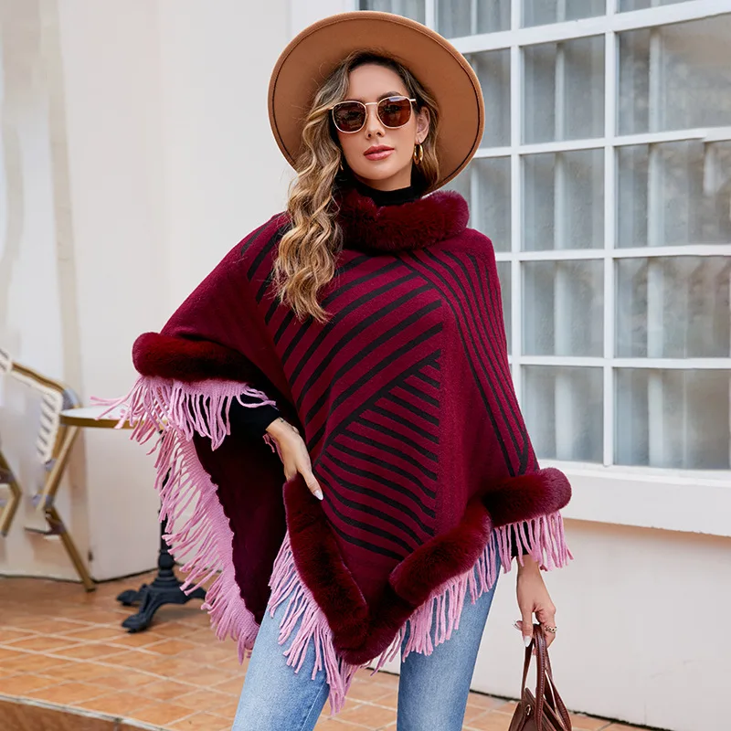 

5 Colors Women O Neck Capes Striped Poncho Streetwear Winter Faux Rabbit Fur Triangle Oversize Pullover Shawl Warm Coat