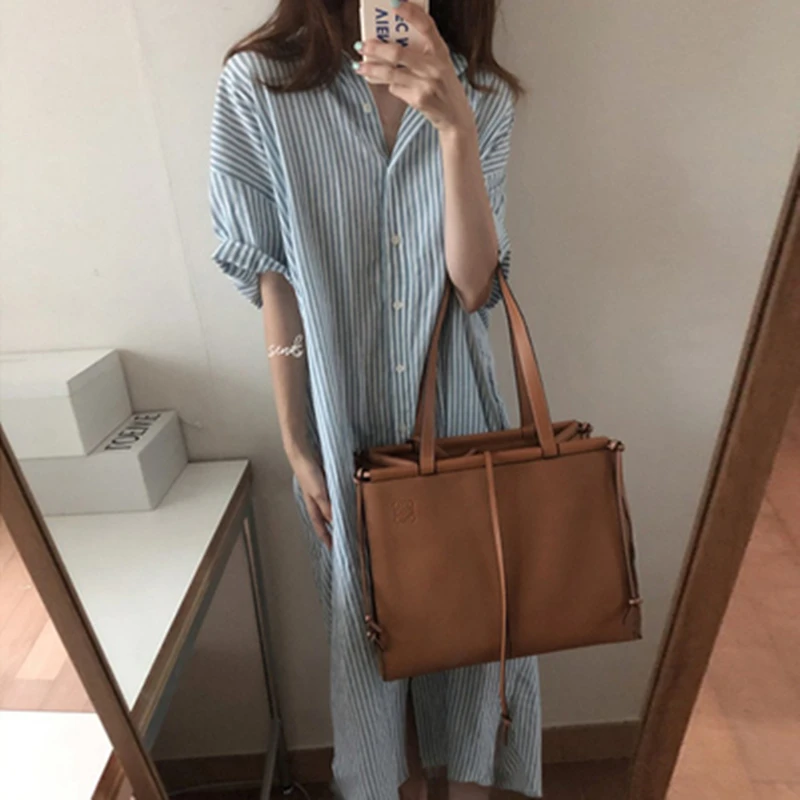 Women's ort Sve irt Dr Knee-Length Ultra-Long Striped Loose plus Size Korean Sle Commute Wind Cotton Polyester