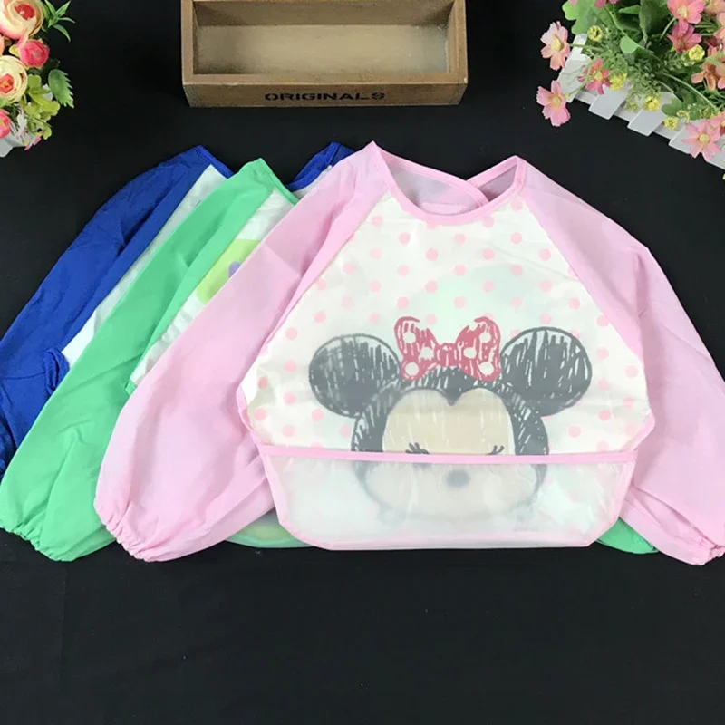 EVA bib Mickey Minnie Children\'s Cute Spring Bib Long-sleeved Blouse Waterproof  Dirt-proof Baby Eating Cartoon Bib Disney