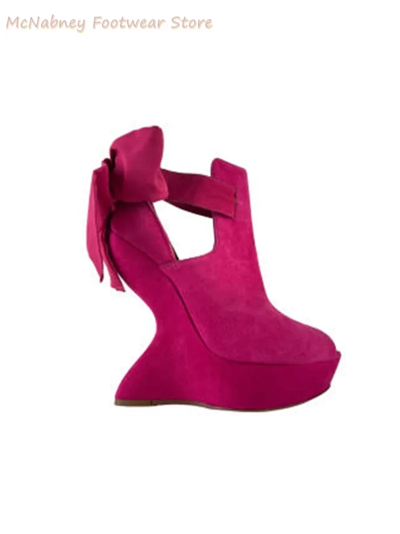 Rose Red Suede Bow Decoration Unique Heels Women's Sandals Extra High Waterproof Platform Pointed Exposed Toes Luxury Tigh Heels