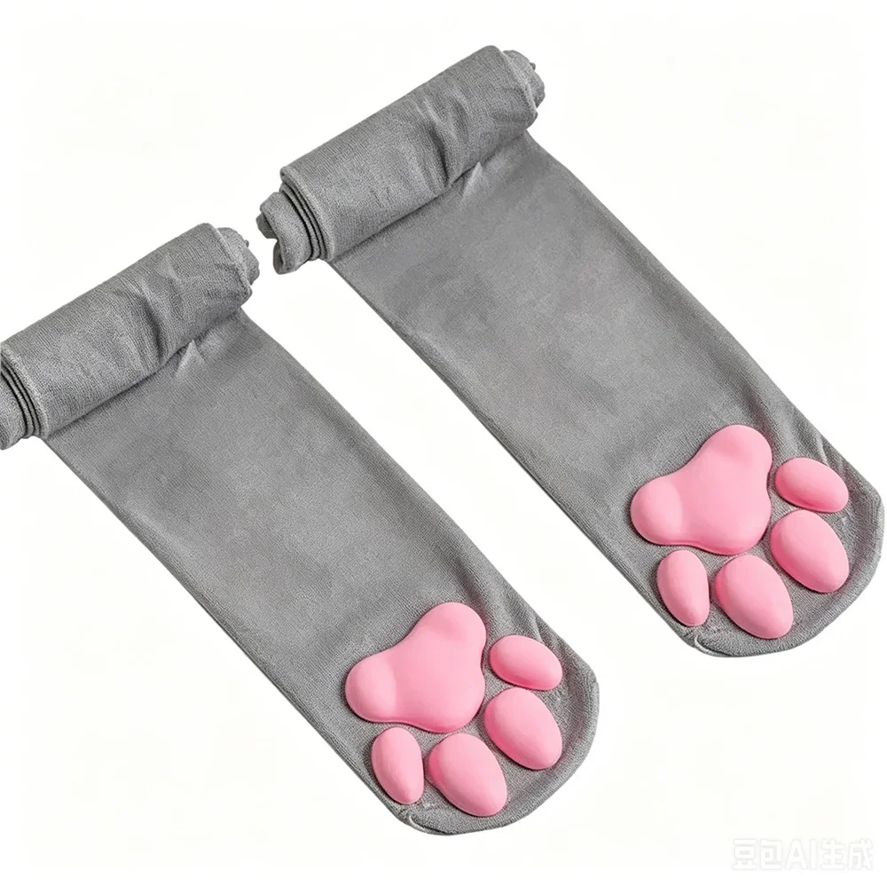 Dehnbare Niedliche Katzenpfoten-Overknee-Strümpfe mit 3D-Silikon-Pfotenpolstern, Kawaii Anime Cosplay Socken für Kostümpartys – Detail 8
