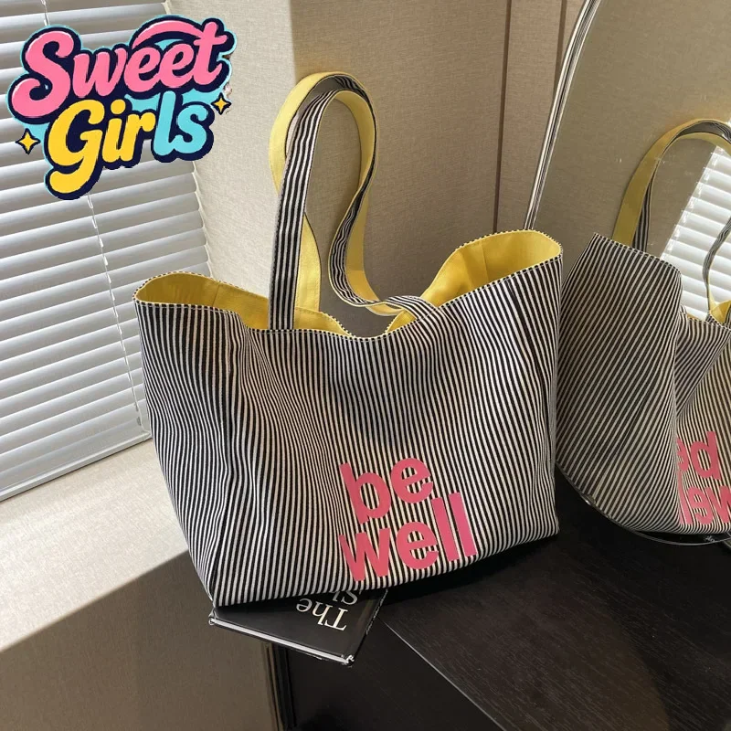 

Fashion Commuter Tote Bag Casual Stripe Women's Shoulder Bag Large Capacity Canvas Handbag Trendy Crossbody Bags