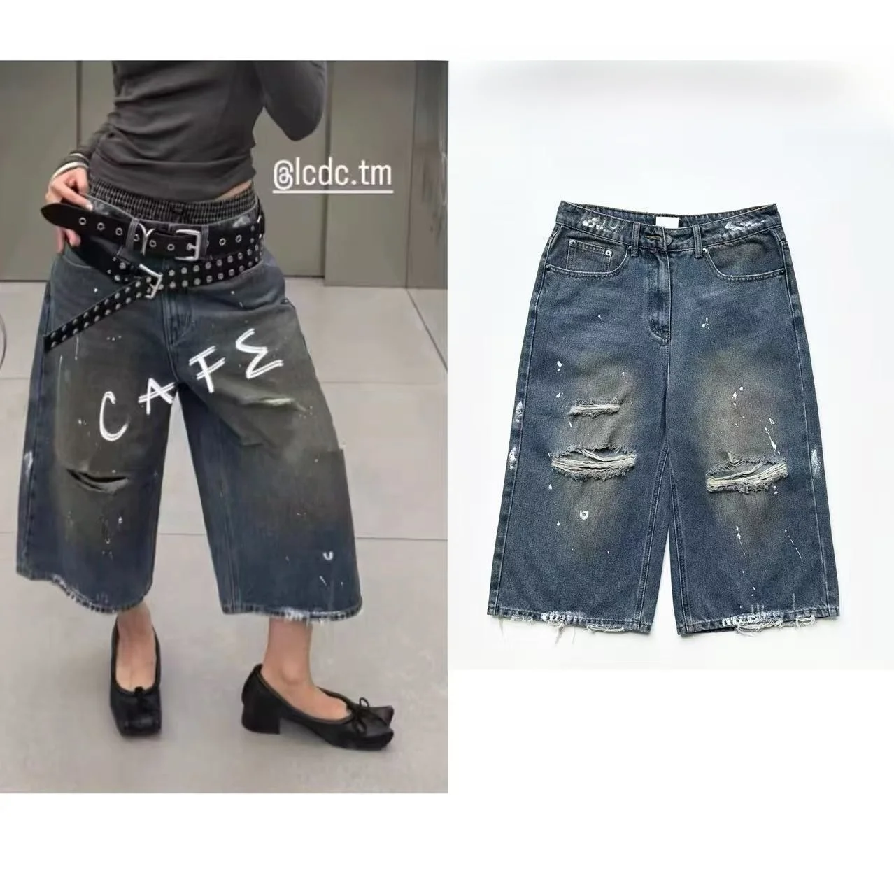 

Waed American High Street Loose Wide Leg Jeans Mid-Calf Seven-Footers Vintage Ripped Denim Youth Summer Casual Cotton Trousers