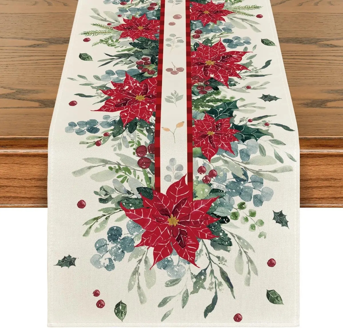 Christmas Eucalyptus Poinsettia Holly Linen Table Runners Dining Room Decor Durable Dining Table Runners Xmas Party Decorations