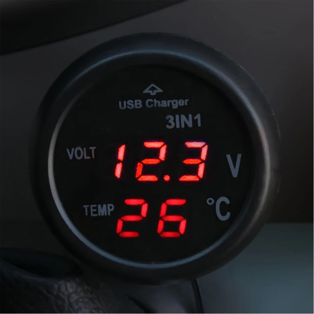 Car Charger 3 in 1 12/24V Charge with Voltmeter Switch Car Auto LED Digital Voltmeter Gauge Thermometer USB Charger