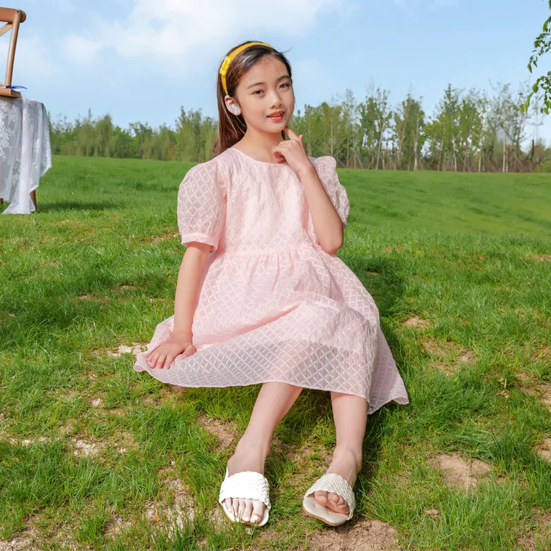 JUCPKID Korean Summer Children Girl Dress Elementary Girl Bubble Sleeve Prom Dress School Girl Breathable Solid One-piece Dress