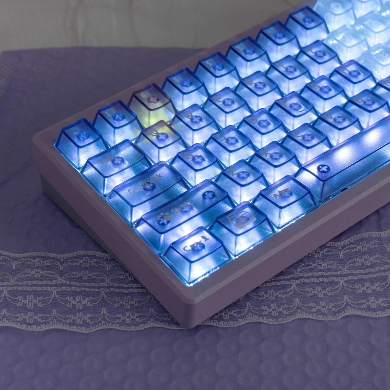 Cute Meow Dessert Theme Keycaps Purple Mist Transparent PC Cherry Profile Custom Gaming Keycaps for Mechanical Keyboard PC Gift
