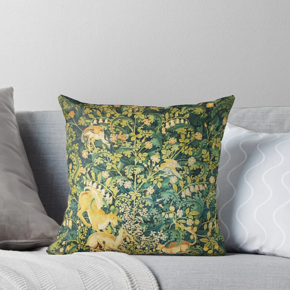 

FOREST ANIMALS,Fox Hare and Birds ,Green Yellow Floral Tapestry Throw Pillow Cushions Cover Cushions pillow