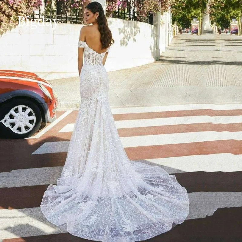 Elegante Zeemeermin Trouwjurken Vrouwen Liefje Witte Open Rug Kant Van De Schouder Bruidsjurk Sweep Trein Vestidos De Novia