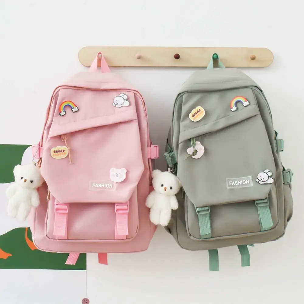 

Leisure Nylon Large Capacity Bags Simple Commute Badge Shoulder Backpack Schoolbag with Pendant Korean Style School Bag Kids