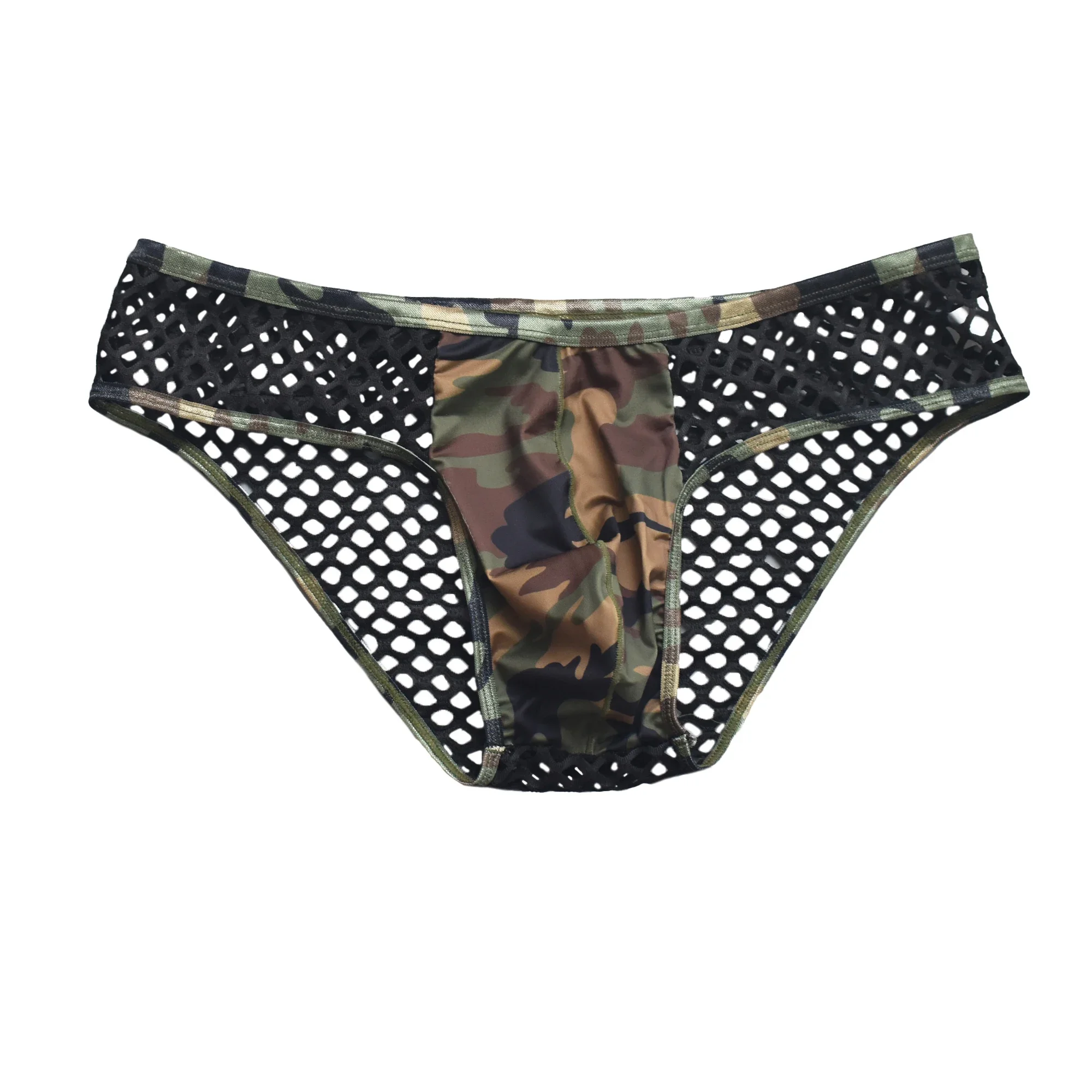 

Камуфляжное мужское сексуальное ажурное нижнее белье с низкой талией и выпуклым мешочком, мужские дышащие прозрачные трусы с сетчатыми отверстиями