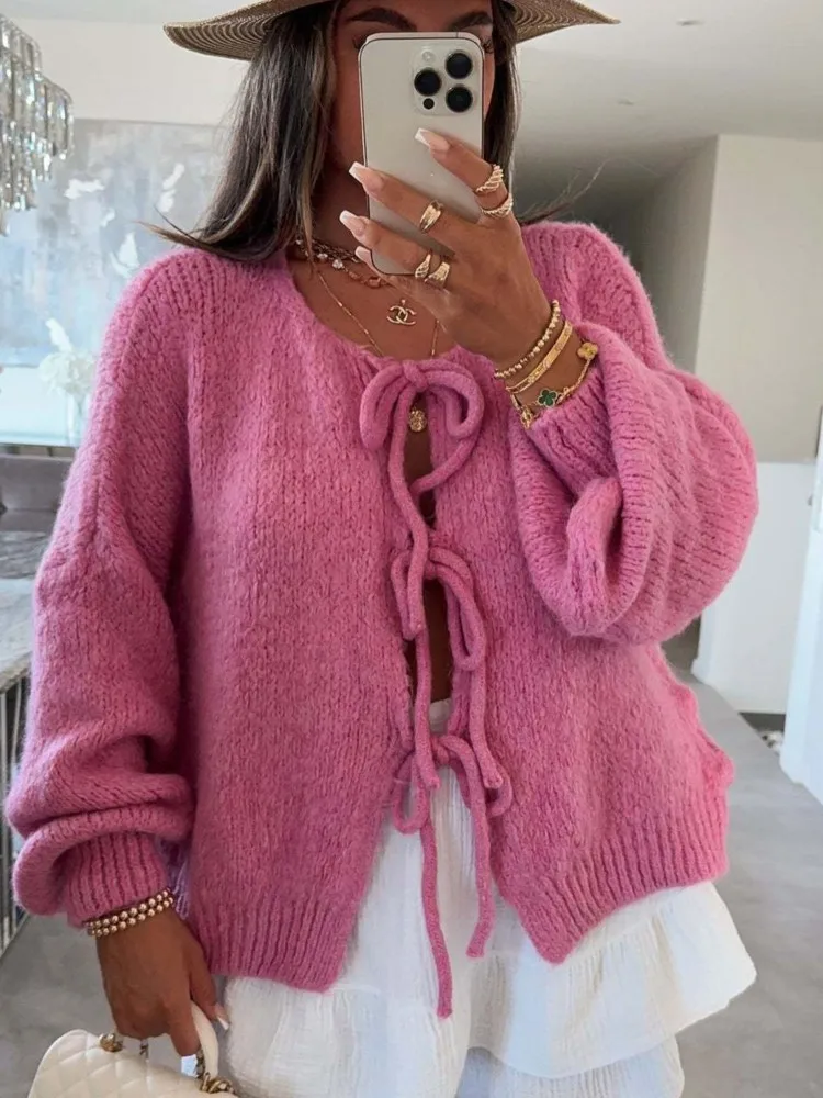 

Autumn And Winter Round-neck Lace-up Knitted Sweater 2025 New Commuting Simple Solid Color Cardigan Jacket Sweater For Woman