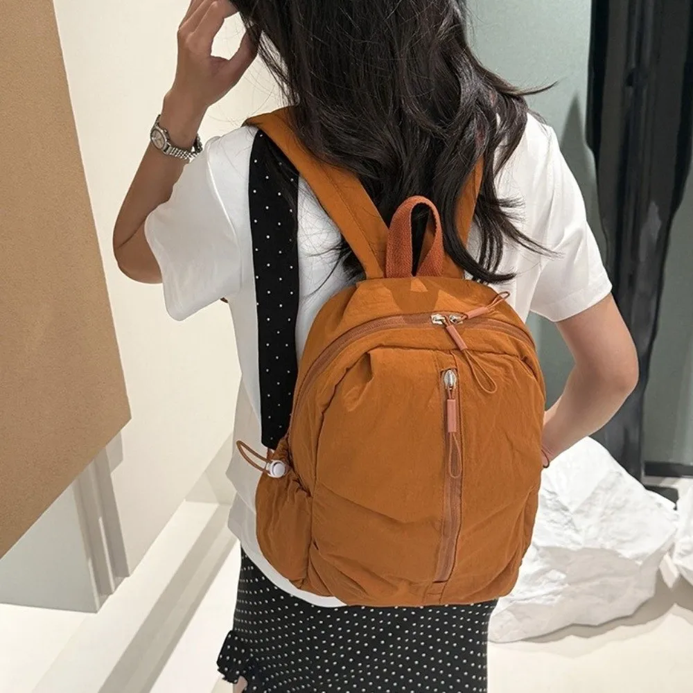 Casual Pleated Nylon Backpack Solid Color Lightweight Rucksack Durable Large Capacity Student School Bag Women
