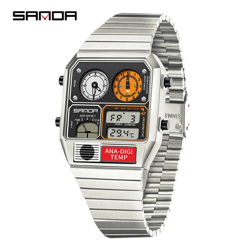 SANDA 3192 Quadratische elektronische Uhr für junge Männer, lässige multifunktionale Armbanduhr mit Thermometer, Stoppuhr, Chronograph