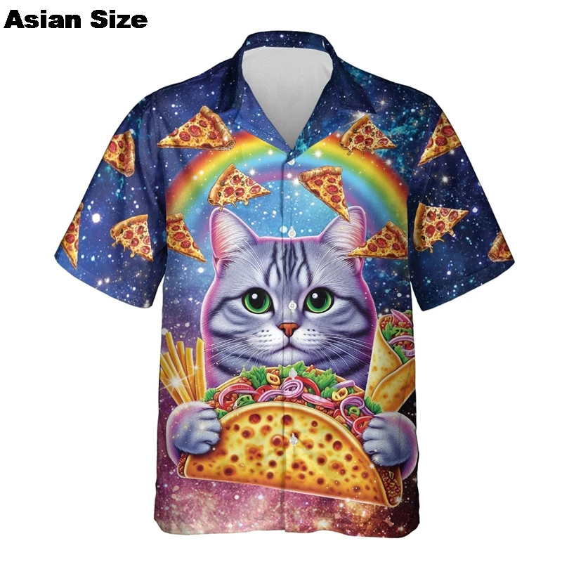 

2025 Men's Hawaiian Beach Shirt 3D Print Funny Cat Taco Pizza Tee Tops Short Sleeve Button Down Holiday Aloha Shirts Streetwear
