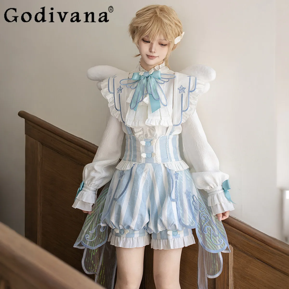 

Original Lolita Collection Cosplay Prince Costumes Gothic Vintage Court Style Long Sleeve Shirt and Strap Shorts 2-piece Set