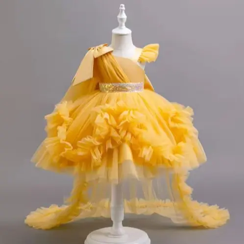 

Платье на одно плечо с рюшами и кружевом для девочек 0-6 лет, праздничное платье принцессы с бантом для маленьких девочек, свадебное бальное платье с хвостом