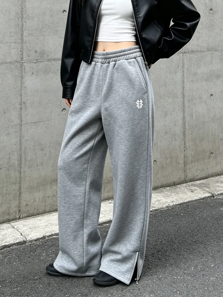 Y2k Street Trendy Hosen für Damen, Hip-Hop-Stickerei, Unisex Freizeithosen, elastischer Bund, Reißverschluss, locker geschnittene, einfarbige Sport-Sweatpants – Detail 5