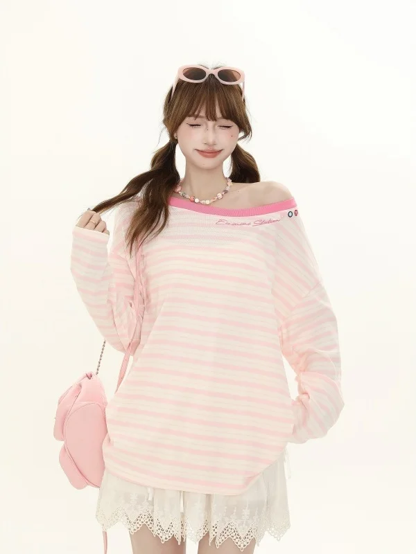 

Retro American Striped Splicing Long Sleeve Women's T-shirt Spring Summer New Loose Slimming One-Shoulder Trendy Top