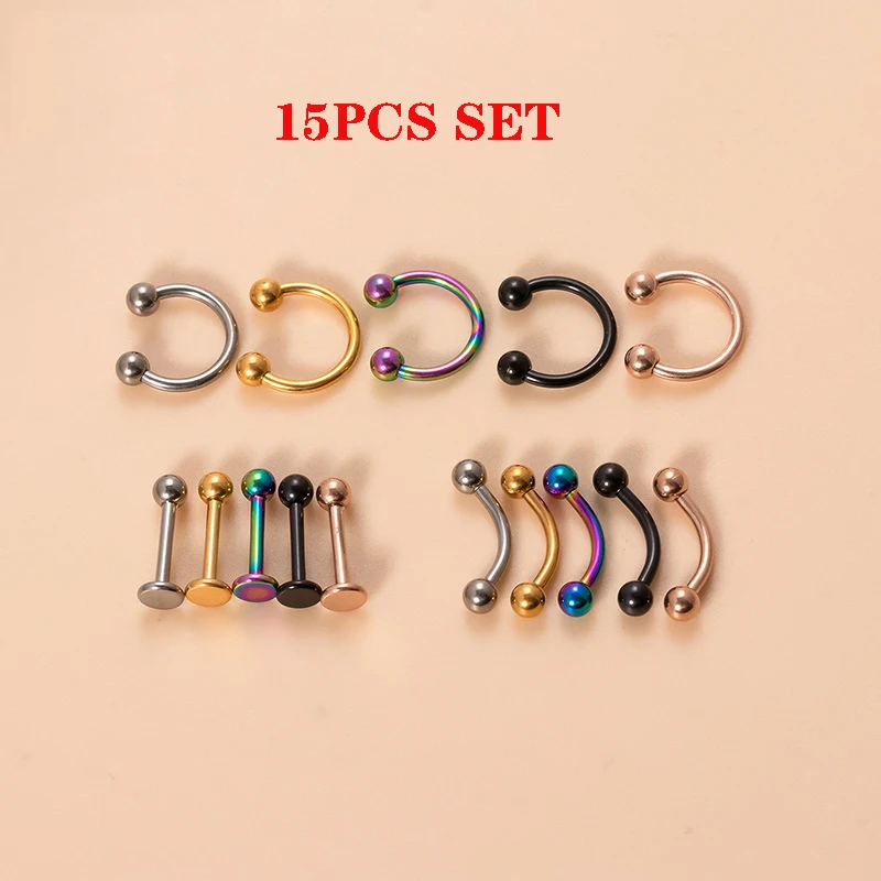 

15Pcs Set G23 Titanium Piercing Jewelry Wholesale Eyebrow Labret Lip Stud Septum Piercing Nose Ring C Rod Body Jewelry For Women