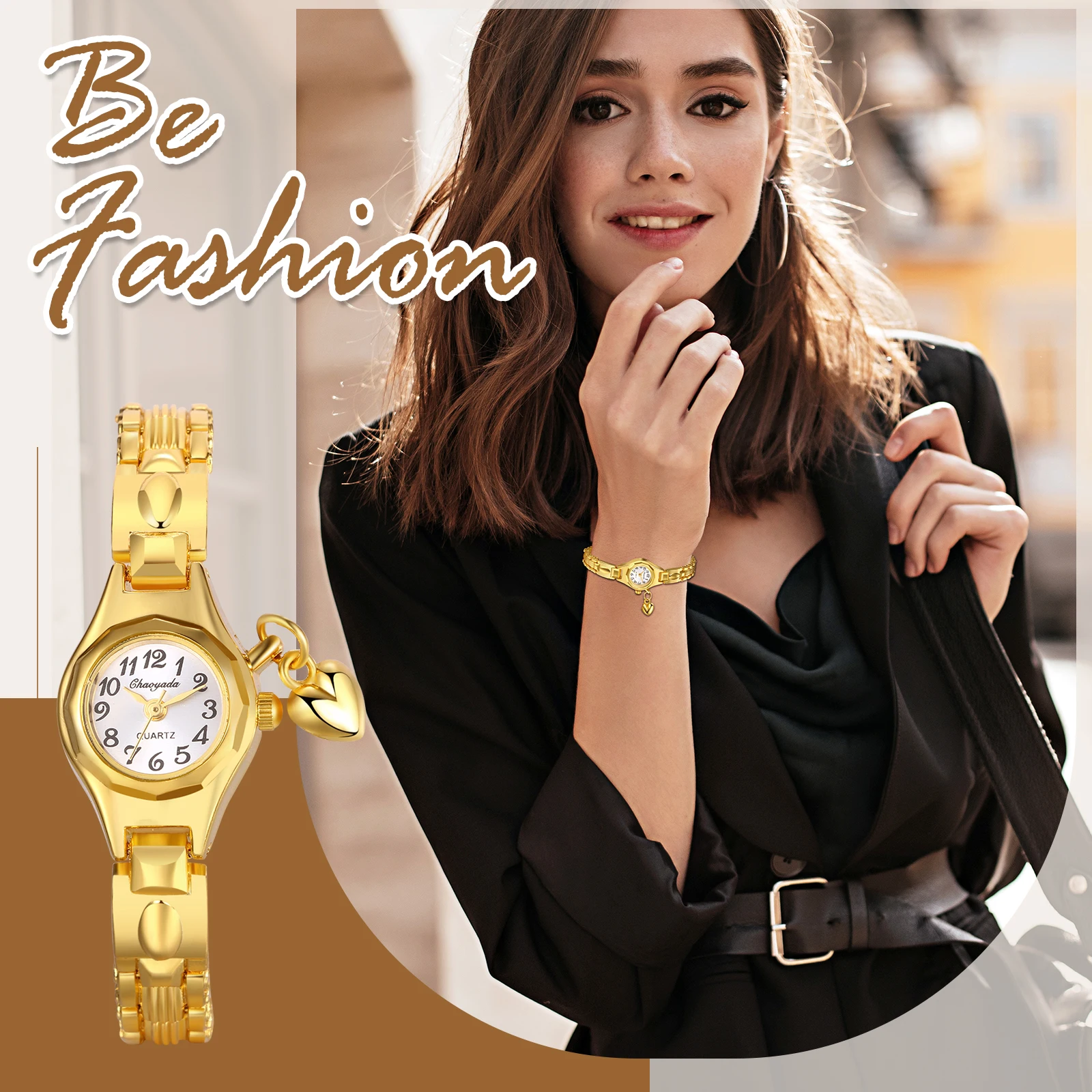 Lancarro squisito orologio da donna in oro orologio da polso analogico impermeabile in acciaio inossidabile orologio con ciondolo a forma di cuore di moda