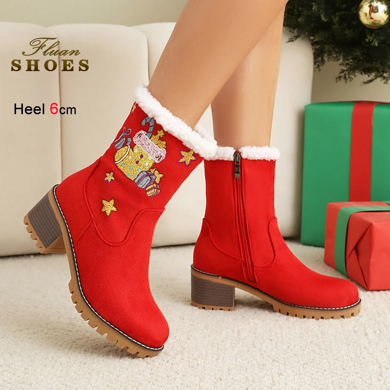 

2025 New Red Suede Winter Snow Short Boots For Woman Thickened Plush Warm Chunky Heels 6cm Embroider Gift Christmas Xmas Shoes
