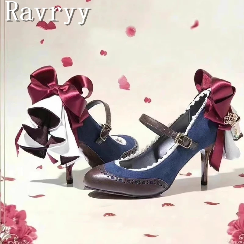 

Japanese Style Sweet Lace Bow Lolita High Heels Fashion New Sweet Girls Kawaii Tea Party Cosplay Dress Mary Jane Shoes