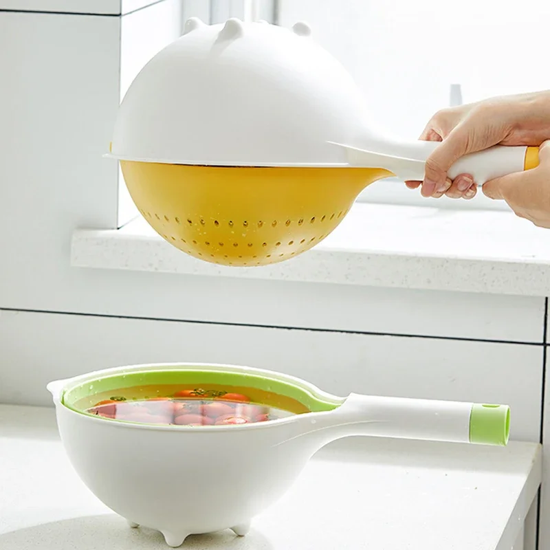 Colander Double-layer Rotatable Drain Basket Strainers Bowls Drainer Washing Vegetables Fruit Basin Cleaning Basket with Handle