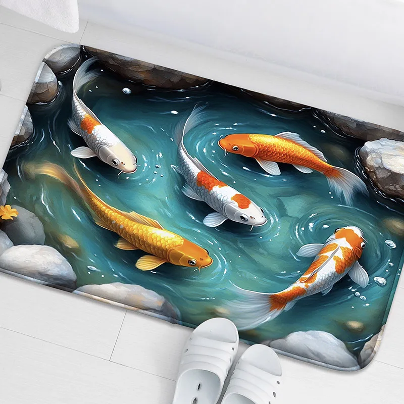1PC Koi Print Pattern Bathroom Anti Slip Floor Mat Shower Room Small Carpet Home Decoration Mat Door Mat Absorbent Foot Mat