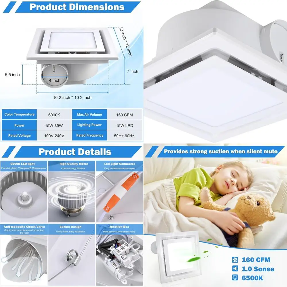 

4 Ceiling-Mounted 160 CFM 35W Bathroom Exhaust Fan with Light, 100-240V, Ultra Quiet 1.0 Sones, 4 Duct, Fits 10.2 Mounting Hole