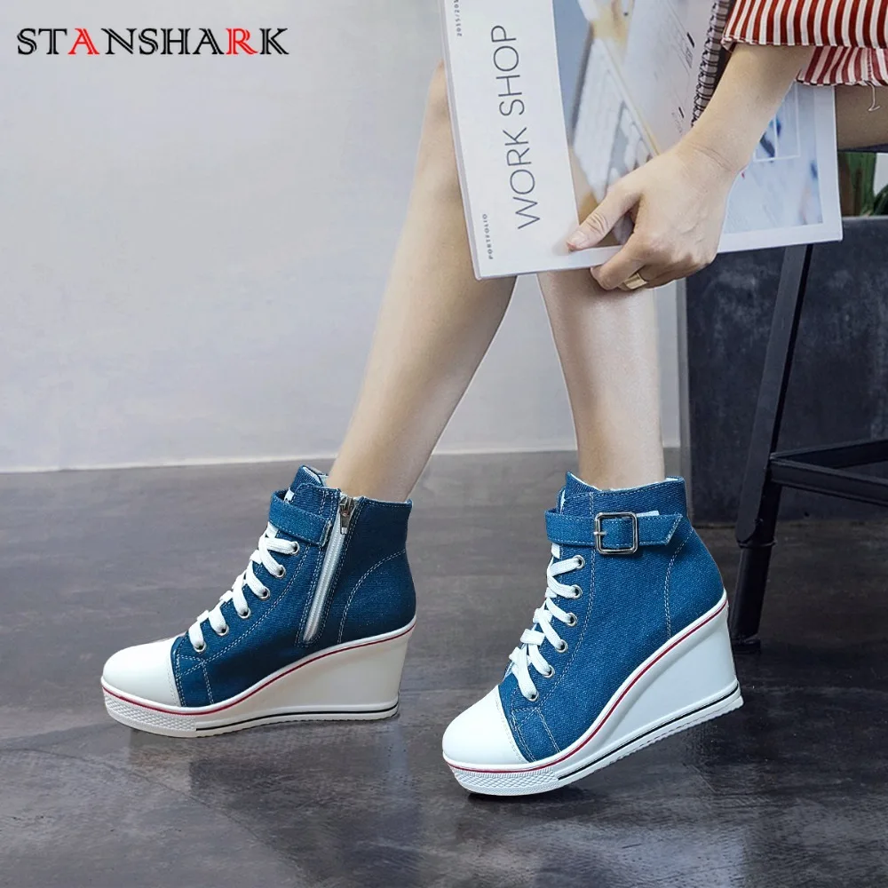 Denim Blue Women\'s Ultra Light High Top Canvas Sneakers Hidden Invisible Heel Wedge Shoes Casual Breathable Platform Sneakers
