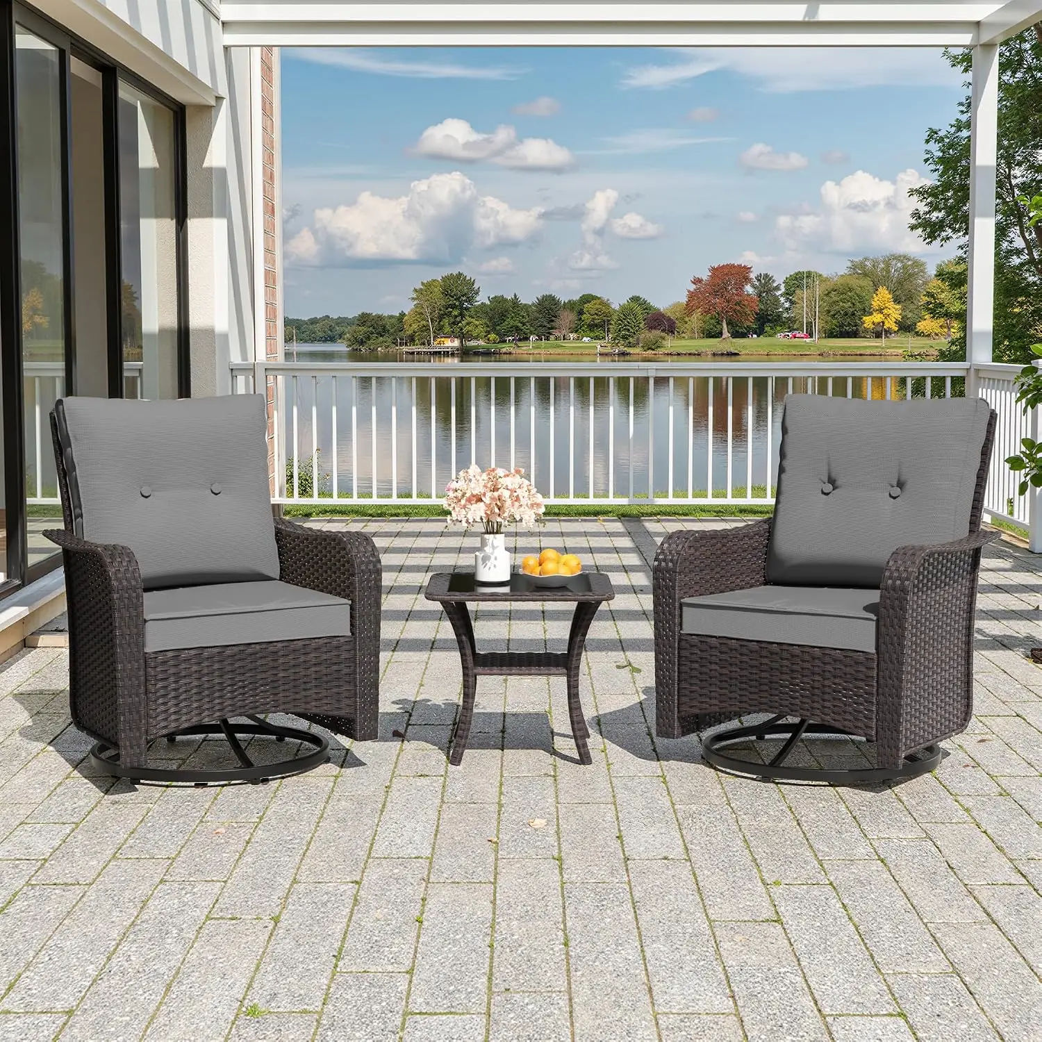 3-Piece Wicker Swivel Rocking Patio Furniture Set with Glass Top Coffee Table for Lawn & Garden, Customized