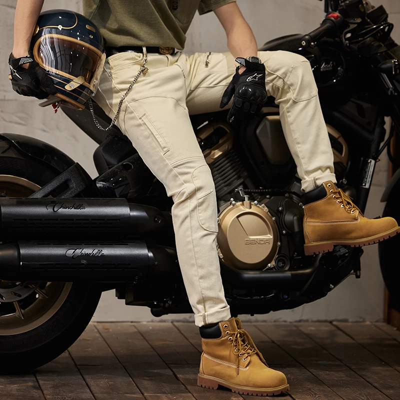 High-End Washed Stitching Zipper Men's Jeans Beige Trendy Pu Handsome Motorcycle Slim Straight Stretch Feet Pants