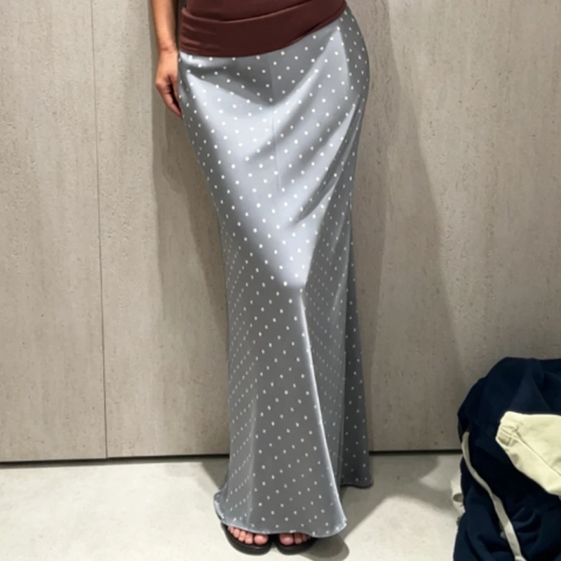 HXAO Eleganter Midi-Satinrock für Damen, Sommer 2026, gepunkteter A-Linien-Rock mit hoher Taille, glatt, in den Farben Schwarz, Weiß, Grün, Khaki. – Detail 7