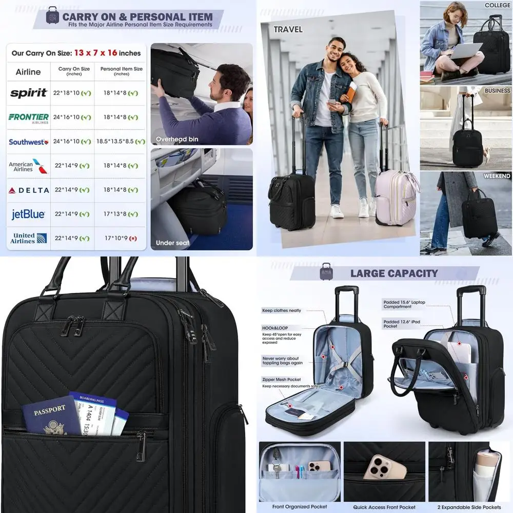 

16, ручная кладь с мягким боковым кроем, одобренная авиакомпанией, с колесами, легкая ночная сумка для путешествий, черная