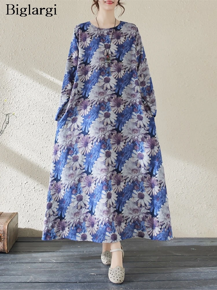 Übergroßen Herbst Blume Floral Lange A-Line Kleid Frauen Rüschen Gefaltete Lose Mode Damen Kleider Casual Frau Kleid