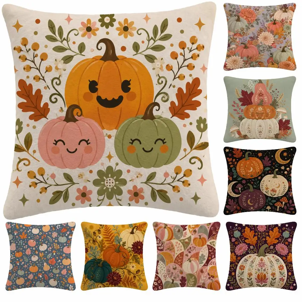 Art Autumn V-Vintage Pumpkins Floral Cushion Cover Soft Plush Decorative Sofa Bedroom Living Room Car Dorm Home Decor Gift