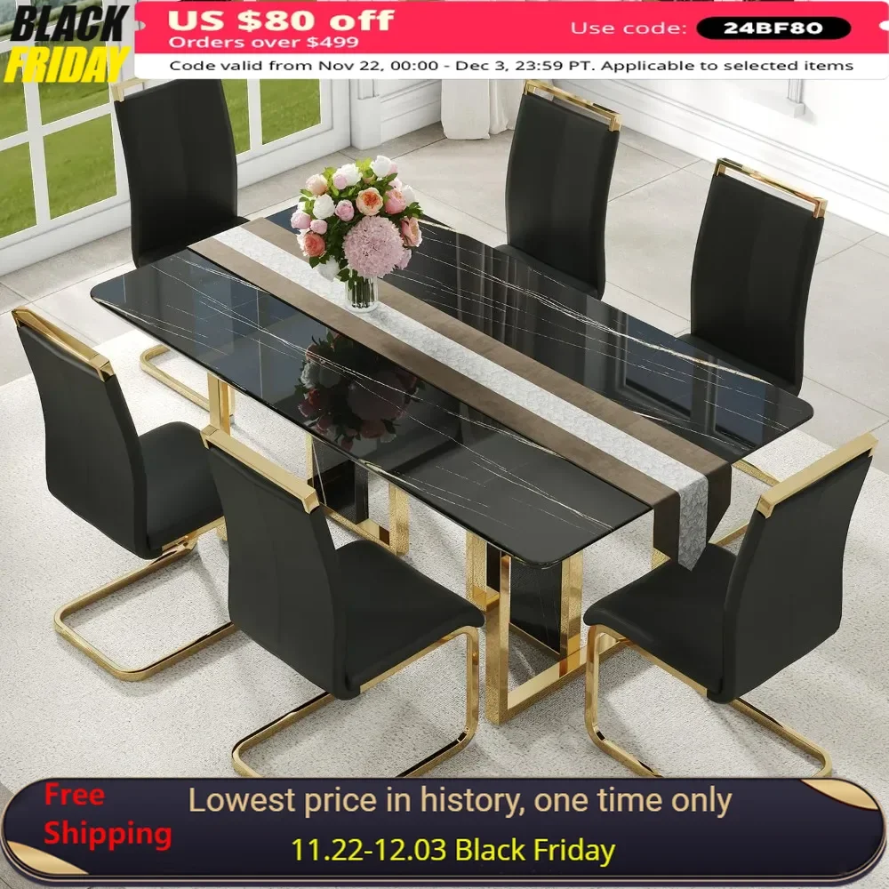 67'' Dining Table Set for 6, Luxury Dining Table Set with 1.8-inch Thick Faux Marble Table Top＆6 Pu Leather Upholstered Chairs