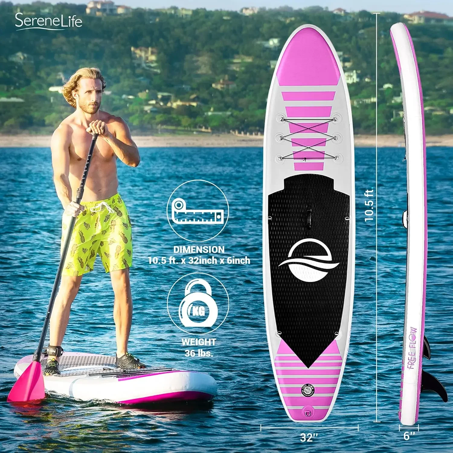 

SereneLife Inflatable Stand up Paddle Board - Non-Slip SUP with Paddle, Pump, Leash, and Complete Accessories