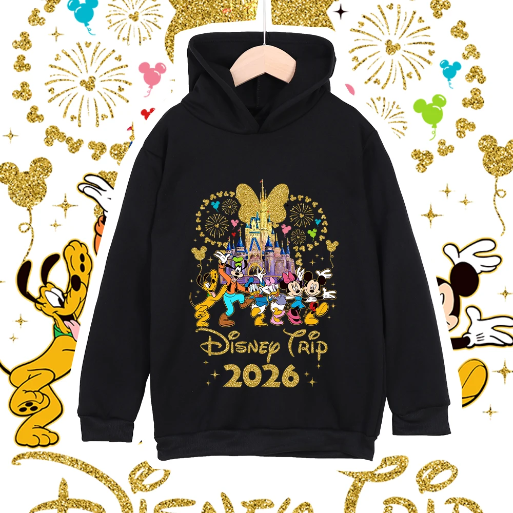 Mickey Minnie 2026 Golden Butterfly Castle Trip Print Kids Hoodie Boys Girls Autumn Winter Fleece Lined Warm Outerwear
