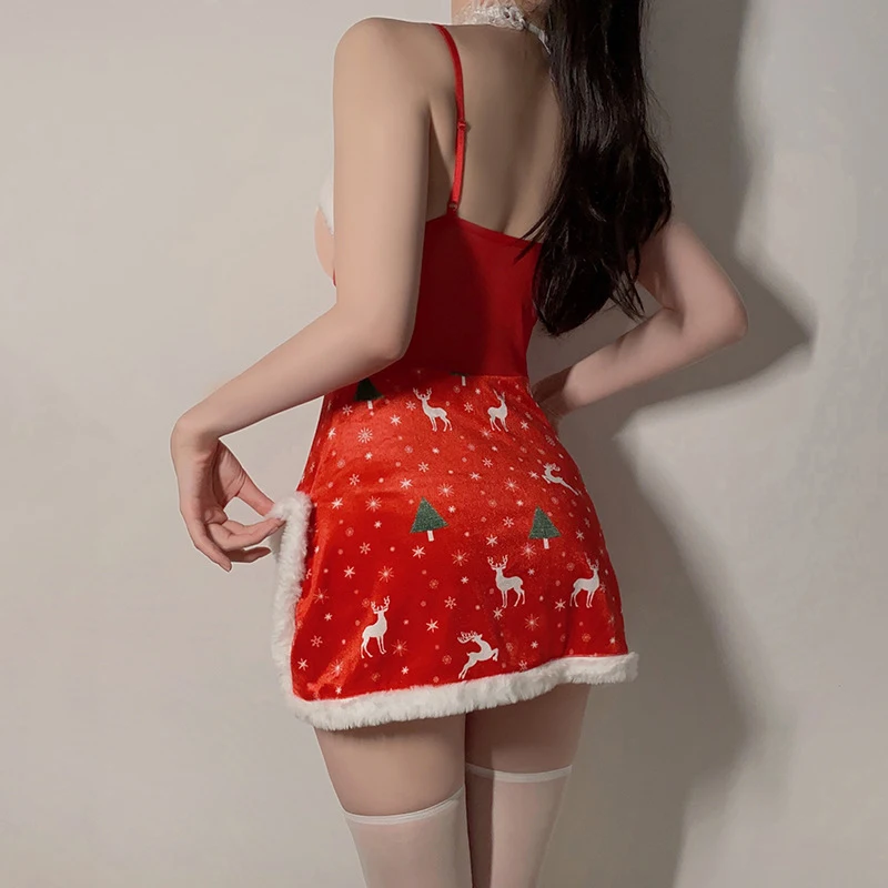 Autumn Winter Velvet Christmas Nightgown Erotic Christmas Bunny Girl Uniform Sexy Hollowed Out Strap Mesh Couple Christmas Gift