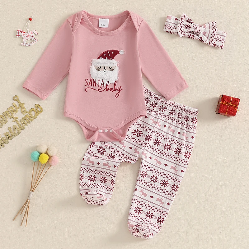 EWODOS Baby Girl Christmas Set Santa Long Sleeve Romper Reindeer Snowflake Trousers Headband 3pcs Outfits Baby Autumn Clothes