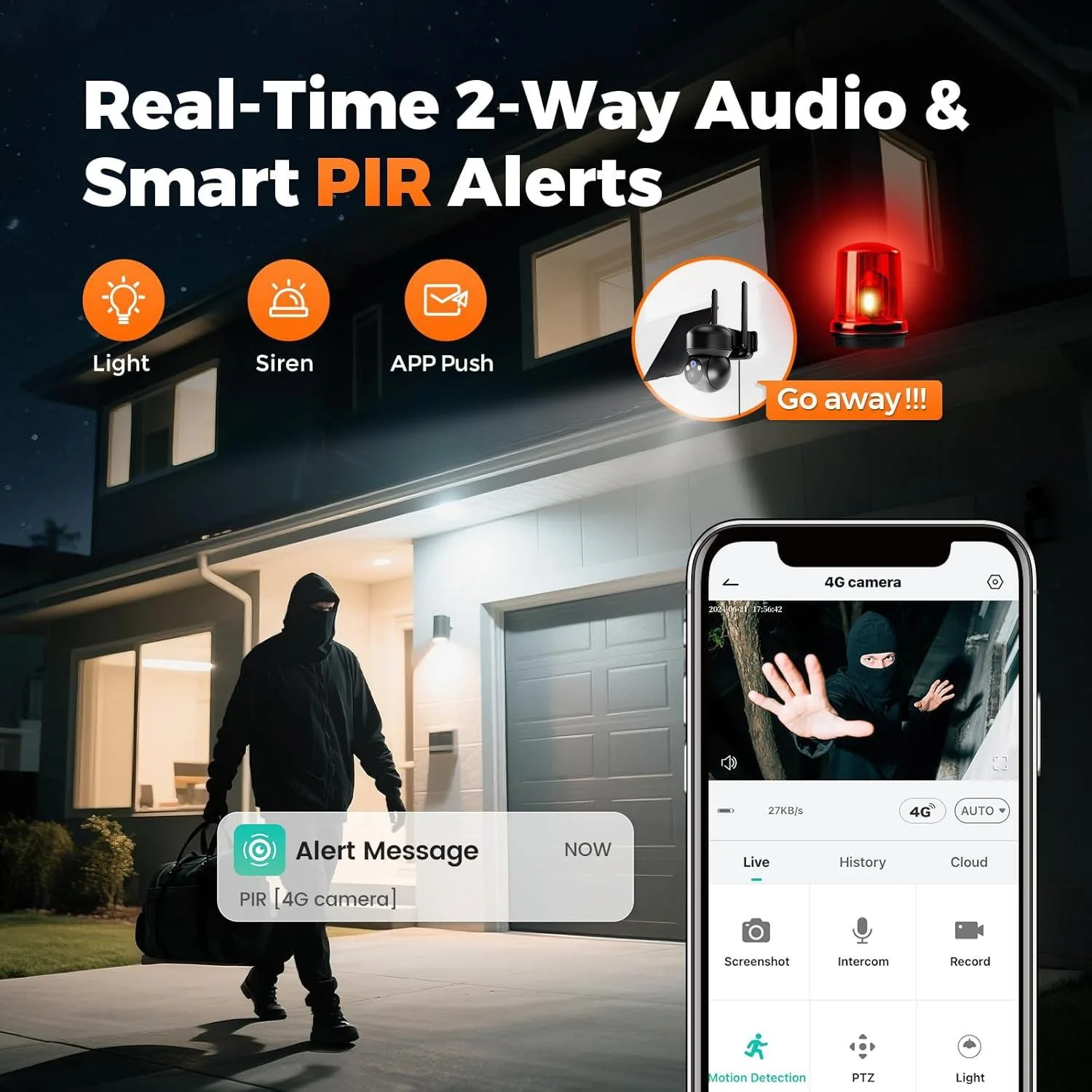 كاميرات مراقبة تعمل بالطاقة الشمسية 4G LTE - 360 °   PT 4K لون للرؤية الليلية نظام الكاميرا الأمنية التحكم عن بعد في الهاتف، 2-Way Talk، 2 دقيقة DI
