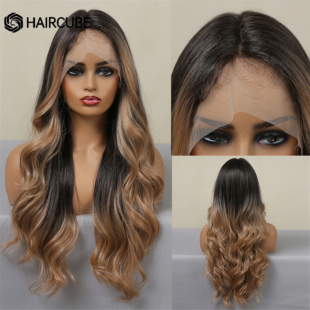 Lace Front Synthetic Wig Ombre Brown with Highlights Natural Wig Long Wavy Cosplay High Density Transparent Lace Wig for Women